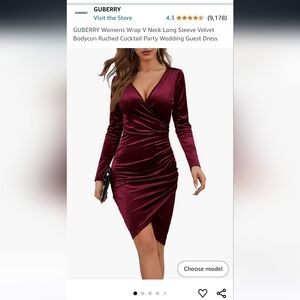 Womens Wrap V Neck Long Sleeve Velvet Ruched Cocktail Dress